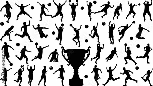 Dynamic athletes in action striving for victory a champion s trophy awaits bold black silhouettes
