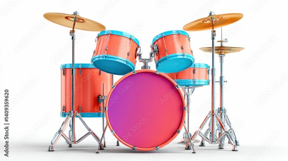 A vibrant drum set isolated on a clean white background. It has a colorful aesthetic with orange and blue accents. A vibrant drum set isolated on a clean white background. It has a colorful aesthetic with orange and blue accents.