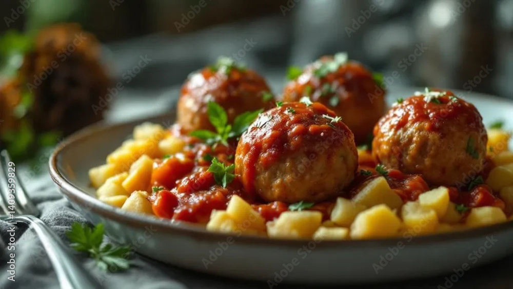 Delicious meatballs with tomato sauce and potatoes.