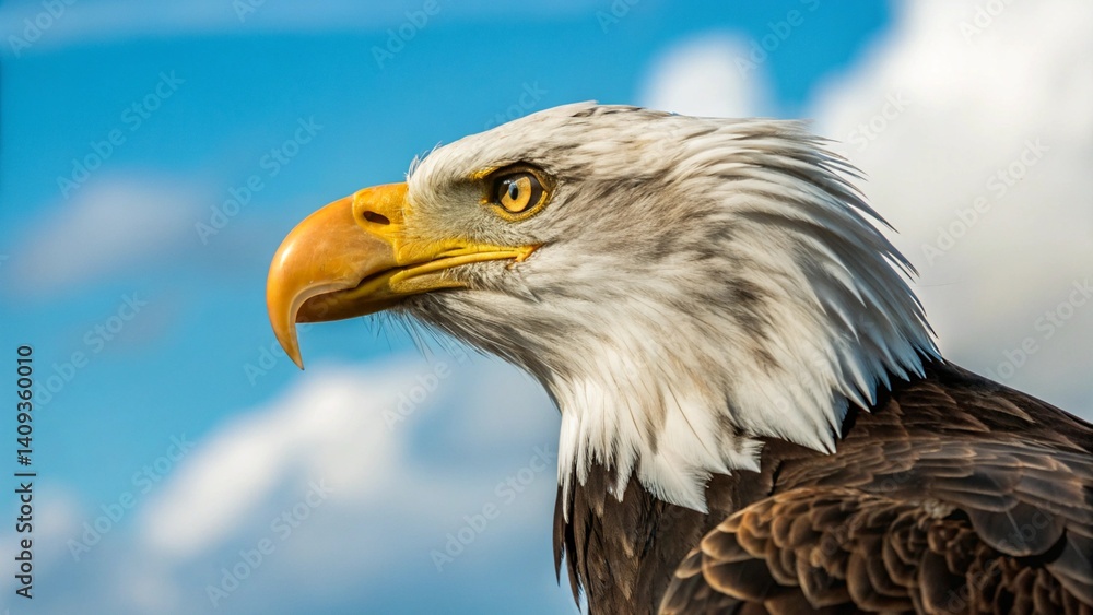 This close-up image captures the powerful gaze of a bald eagle, its detailed white head contrasting with its dark brown body, set against a soft, out-of-focus sky with clouds This close-up image captures the powerful gaze of a bald eagle, its detailed white head contrasting with its dark brown body, set against a soft, out-of-focus sky with clouds