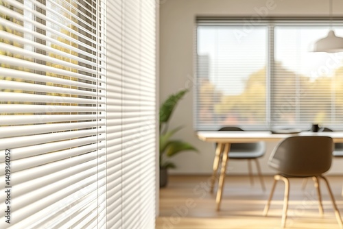 Modern office interior with white wall and wooden floor, featuring a panoramic window with blinds on the right side. Ideal background for a minimalist style presentation 