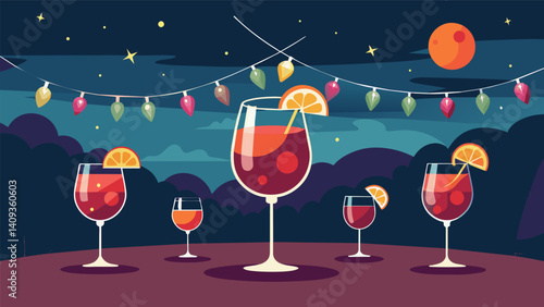 As the evening set in the Sangria Summer Party was aglow with ling string lights and the clinking of glasses filled with the signature drink.. Vector illustration