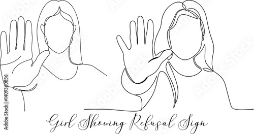Girl Put Her Hand Palm Forward Continuous One Line Drawing Concept Gesture Of Resistance, Refusal, Stop, Cessation, Disconnection, Ban, Ignoring, Blocking Editable Stroke Minimalist Icon