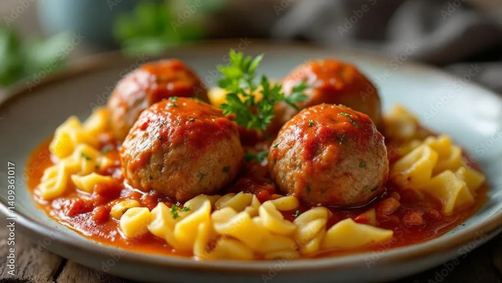 Delicious meatballs with tomato sauce and potatoes.