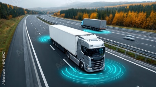 A modern semi-truck driving on a highway, with glowing blue circles indicating advanced autonomous technology. Other trucks also traverse the lanes.