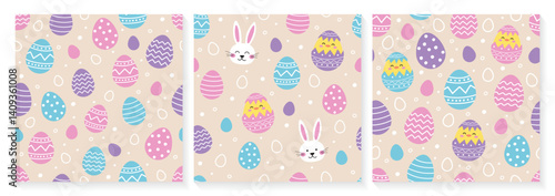 Colourful Easter seamless pattern with cute bunny, egg and chick. Set. Cartoon style background. Vector illustration