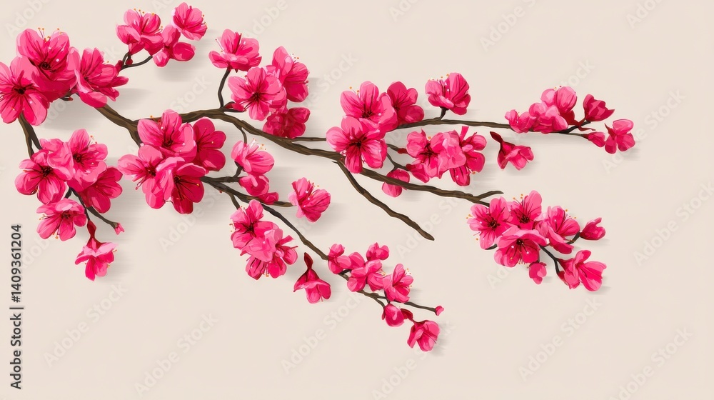 Branch Of Vibrant Pink Cherry Blossoms On A Soft Beige Background Symbolizing Spring And Renewal Branch Of Vibrant Pink Cherry Blossoms On A Soft Beige Background Symbolizing Spring And Renewal