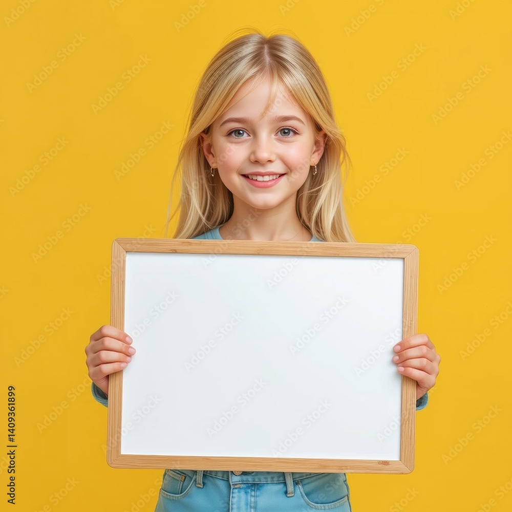 Fototapeta premium A cute girl with blonde hair in two ponytails is depicted on a yellow background. She is smiling and holding a white tablet in a wooden frame in her hands.