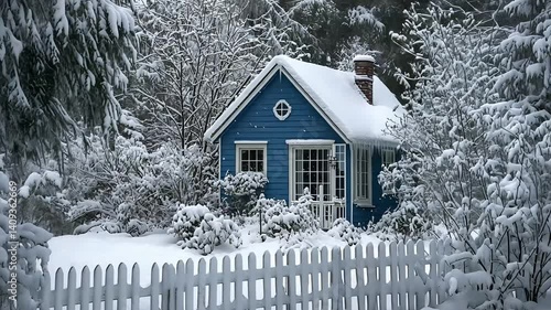 Charming Snow-Covered Blue Cottage with White Picket Fence in Winter Landscape

