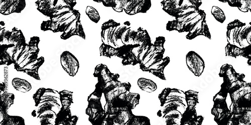 Vector seamless ginger root pattern in vintage engraving style for packaging, textile design, organic cosmetics and products with extended commercial license