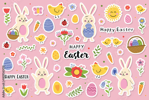 Collection of Easter stickers: bunny, chick, egg and flowers. Cute cartoon style elements. Vector illustration