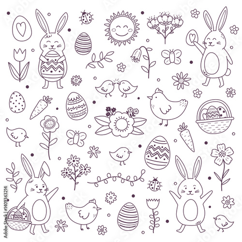 Collection of hand drawn Easter icons: bunny, chick, egg and flowers. Cute cartoon style elements. Vector illustration