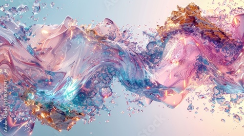 A detailed hyper realistic image of a complex digital stream made up of blue, pink and teal crystals and organic shapes, with a flowing organic form