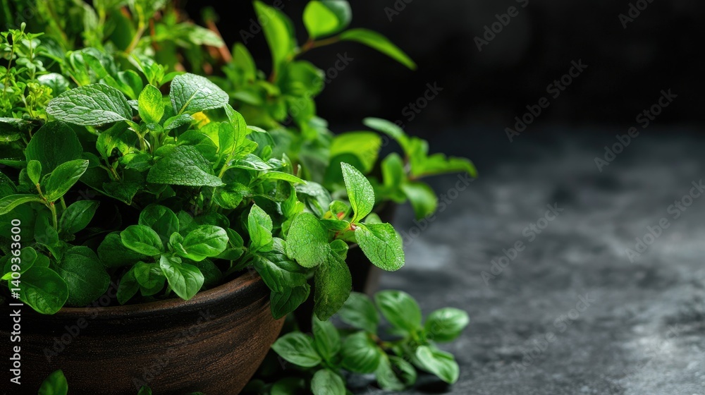 Fresh Herbs in a Rustic Bowl on a Dark Stone Surface Fresh Herbs in a Rustic Bowl on a Dark Stone Surface