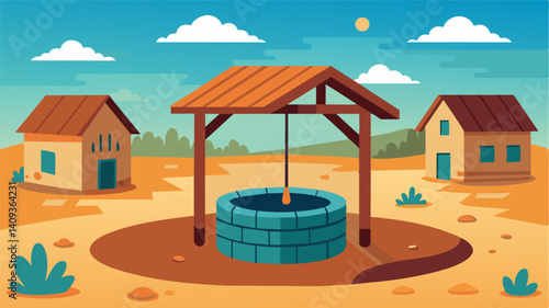 In the center of the village a dry well stands as a sad symbol of the struggle for clean water faced by its inhabitants.. Vector illustration