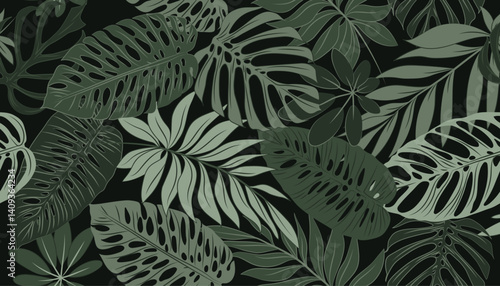 Tropical seamless pattern with green plants, palm leaves on a black background. Floral tropical vector