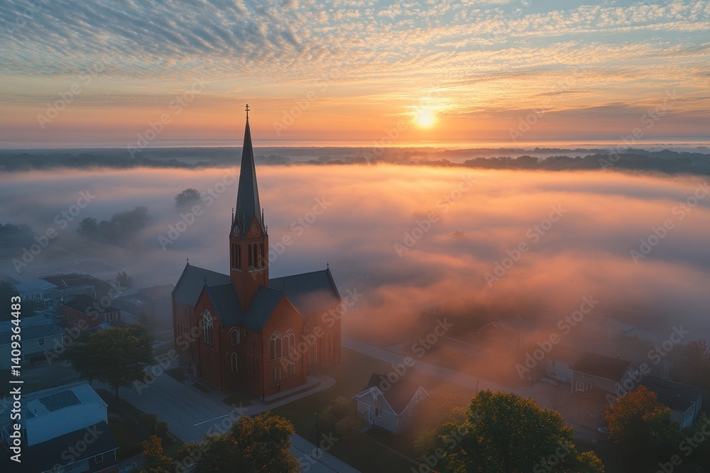 Fototapeta premium Celestial Sanctuary: A majestic church spire pierces through a sea of ethereal fog at sunrise, bathed in the warm, golden light of dawn. 