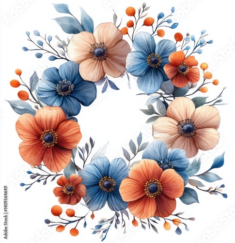 Watercolor Floral Wreath Invitation Design with Roses and Leaves Botanical Illustration Vintage Template