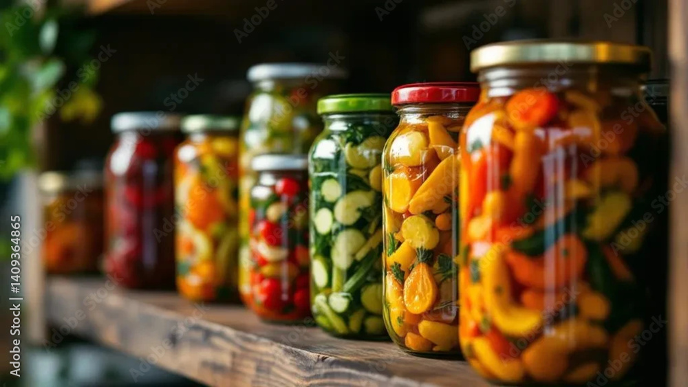 Colorful pickled vegetables in glass jars.
