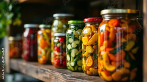 Colorful pickled vegetables in glass jars. 