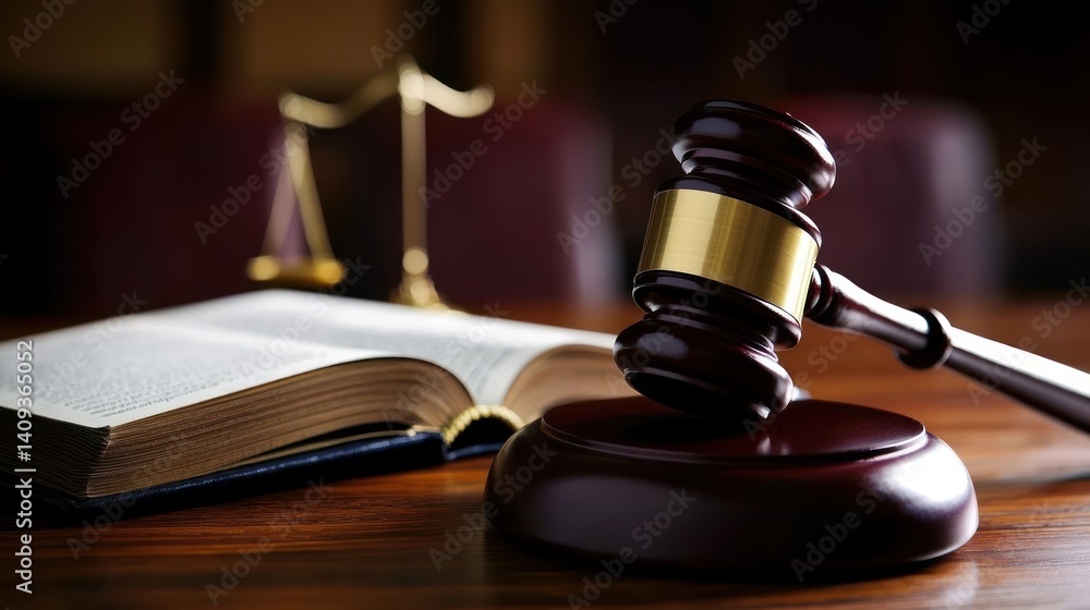 Legal gavel, scales, and book on wooden table; courtroom scene Legal gavel, scales, and book on wooden table; courtroom scene