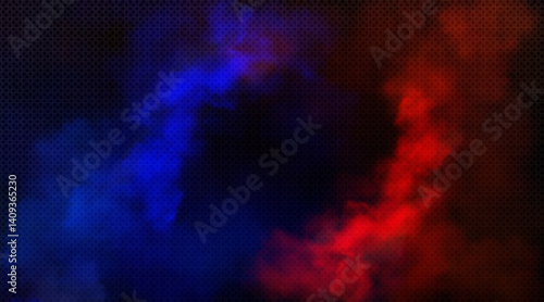 Abstract vs background - red smoke cloud against blue shade on dark transparent backdrop. Clashing dynamic colors mix in middle. Versus conflict concept for competition or fighting games ui.
