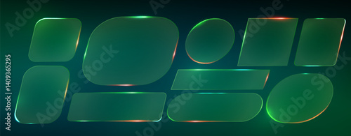 Glowing neon green glass frames on dark background - different rounded rectangle shapes, shining edges, futuristic digital design elements for ui, banners or titles. Blank geometric templates set.
