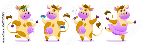 Cute cartoon cow mascot character set wearing pink dress and dancing ballet, singing song with micro, jogging and doing sport with dumbbells. Active smiling bovine farm animal illustrations.