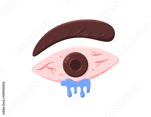 illustration of painful, watery red eyes. sore eyes, irritated, infected, itchy. health and vision problems. symbol. flat style design with texture grain. element