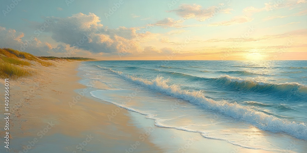 Serene Beach with Gentle Waves and Clear Sky in Impressionist Style Serene Beach with Gentle Waves and Clear Sky in Impressionist Style