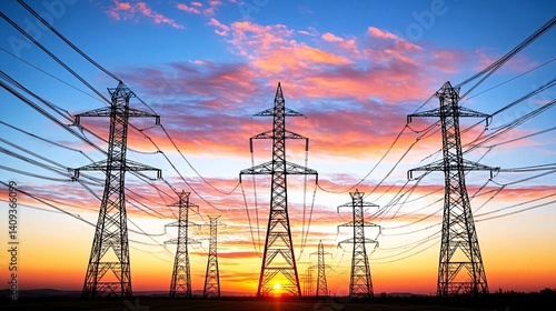 Sunset power lines energy landscape electricity transmission