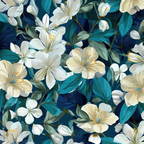 Luminous White Blooms: A Teal-Toned Floral Tapestry