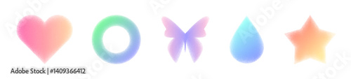 Pastel gradient noise shapes collection in y2k aesthetic - heart and circle, butterfly and star, teardrop colorful blurred symbol set with grainy texture edges. Minimalist graphic design elements.