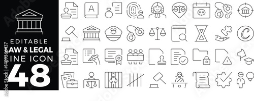 Law & Legal set of web icons in line style. Collection includes justice, court, judge, attorney, contract, agreement, rights, litigation, evidence, trial, defense, prosecution, scale, gavel, and more
