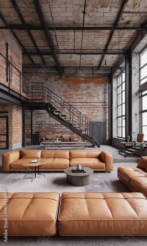 Spacious Industrial Loft Apartment Interior with Exposed Brick Walls, Tall Windows, Modern Furniture, Urban Skyline View, Polished Concrete Floors, Leather Sofa, and Sleek Minimalist Design