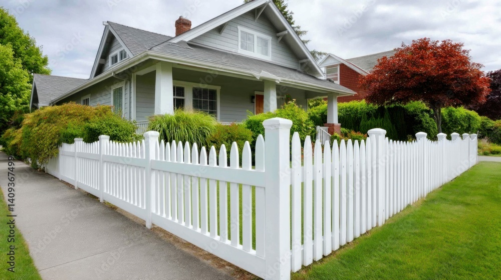 A charming suburban house with a white picket fence on a sunny day. Lush green grass and trees enhance the curb appeal, creating a welcoming atmosphere. A charming suburban house with a white picket fence on a sunny day. Lush green grass and trees enhance the curb appeal, creating a welcoming atmosphere.
