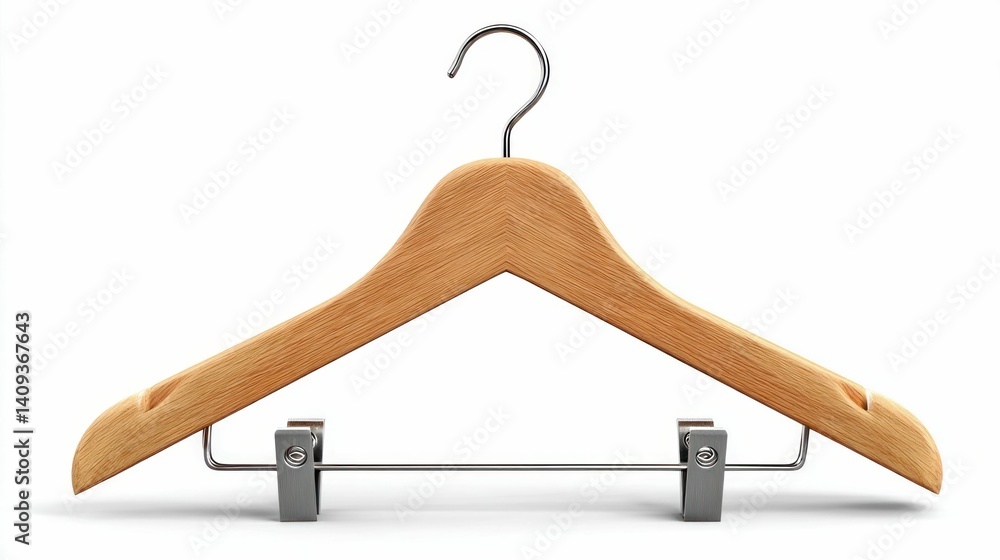 A close-up studio shot featuring a wooden clothes hanger with metal clips. The object is isolated on a white background to emphasize the details. A close-up studio shot featuring a wooden clothes hanger with metal clips. The object is isolated on a white background to emphasize the details.