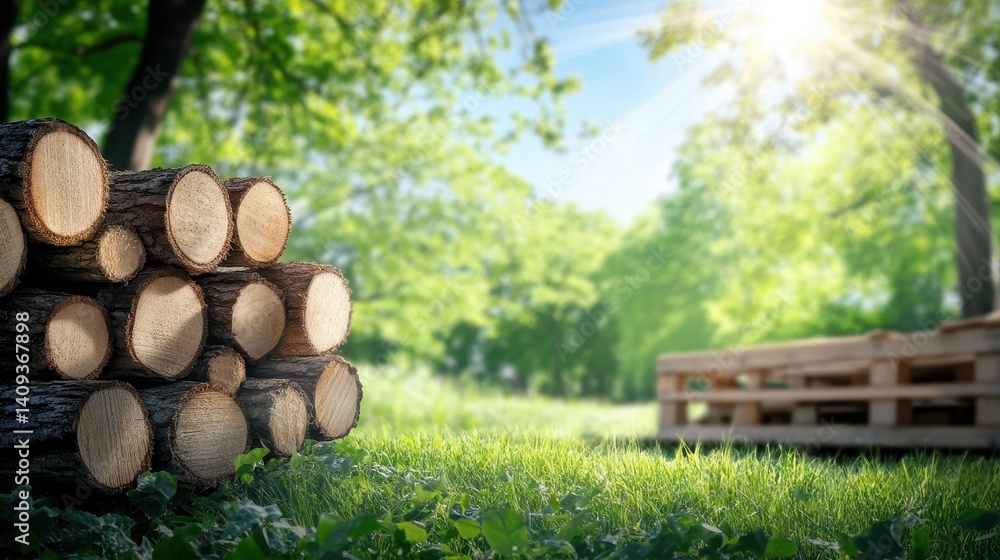 Stacked Logs in Sunny Forest: A neatly stacked pile of logs rests in a sun-drenched forest clearing, exuding a sense of natural warmth and rustic charm. A wooden pallet is visible in the background. Stacked Logs in Sunny Forest: A neatly stacked pile of logs rests in a sun-drenched forest clearing, exuding a sense of natural warmth and rustic charm. A wooden pallet is visible in the background.