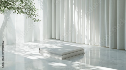Minimalist White Interior with Stacked Books and Sunlight