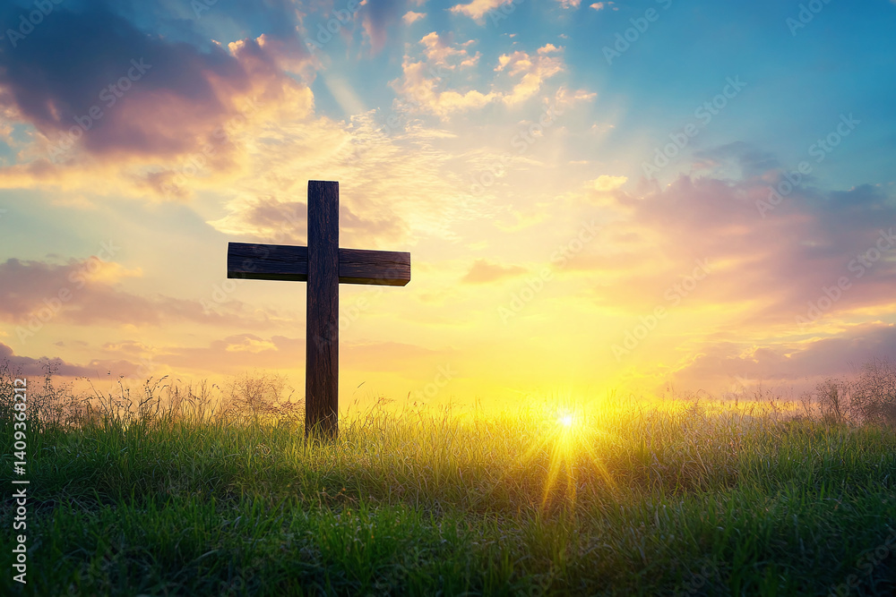Silhouette of wooden cross at dawn in field with radiant sunrise, glowing halo effect from sunlight, peaceful and symbolic Easter scene Silhouette of wooden cross at dawn in field with radiant sunrise, glowing halo effect from sunlight, peaceful and symbolic Easter scene