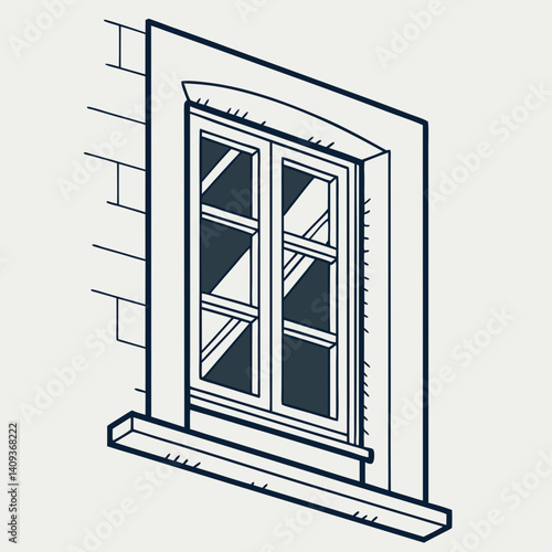 Illustration Of A Classic Window With Brick Wall Texture Showing Architectural Style With White Frame And Decorative Elements