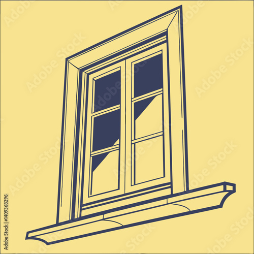 Illustration Of Framed Window With Sill Against Light Yellow Background Architectural Detail And Design Element Flat Vector