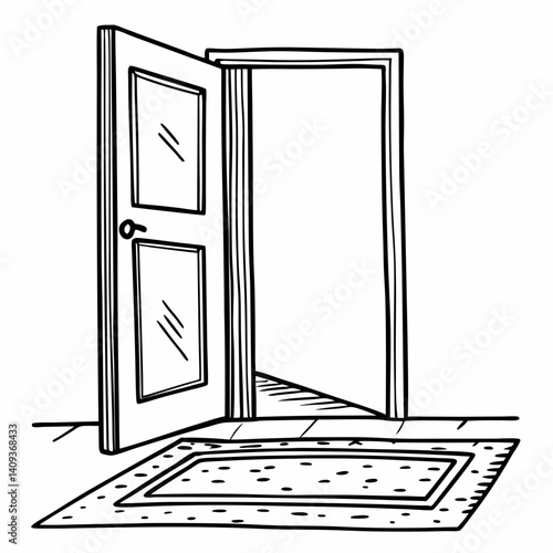 Open Doorway With Doormat Illustration Hand Drawn Black And White Home Interior Sketch Entrance Drawing