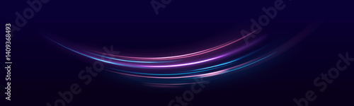 Long exposure neon streaks create a blur of blue and red light on a dark road scene. The abstract effect conveys fast speed and energetic motion. Great for sports, racing, or tech themes.