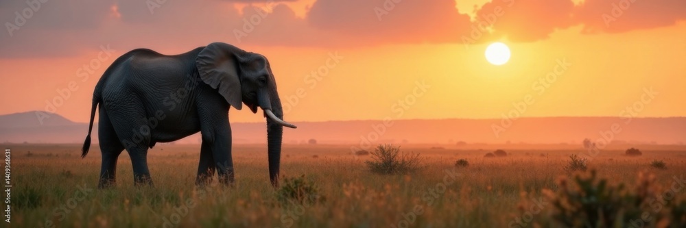 Fototapeta premium Grey elephant stands alone in misty savannah at dawn, Mist, Grasslands