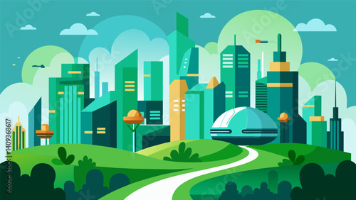 A vision of urbanization done right with sleek eVTOLs adding a touch of innovation to the lush green cityscape.. Vector illustration