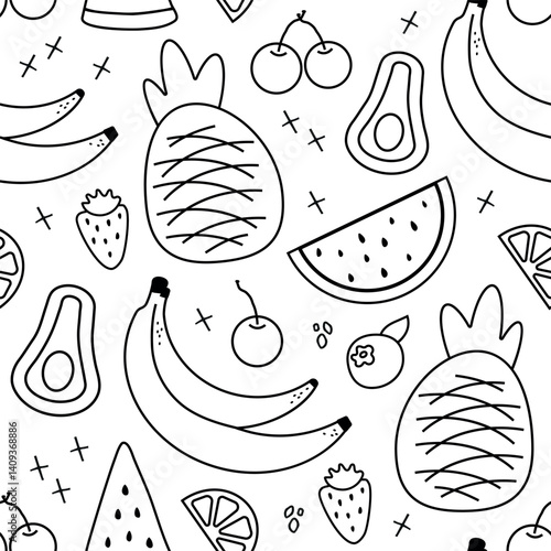 Seamless pattern with summer fruits. banana, lemon, watermelon, avoado, flat children's background with dessert, food. graphics for print, holidays, wallpaper, banners, surface texture, fabric. vector