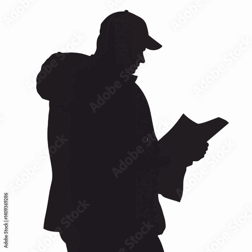 Silhouette of a tour guide reviewing a map, exploration concept