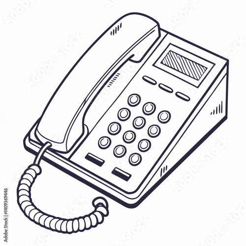 Detailed Line Art Of An Office Telephone Displaying The Cord Buttons And Receiver Illustrating Communication Technology And Business Equipment With A White Background