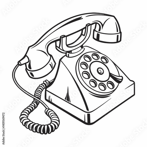 Retro Rotary Phone Illustration Classic Communication Device Outline Drawing Vintage Telephone Design Black And White Telephony Technology
